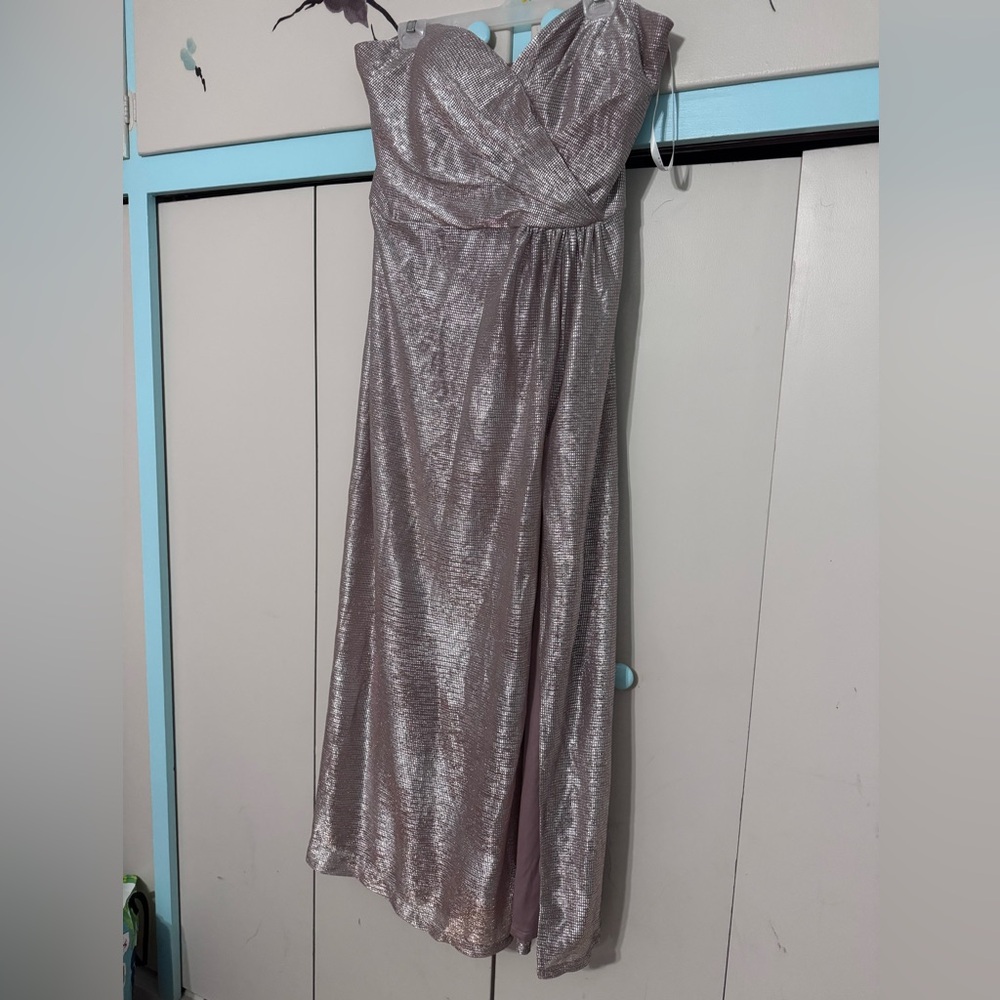 Hayley Paige Occasions Metallic Silver/Rose Strapless Gown